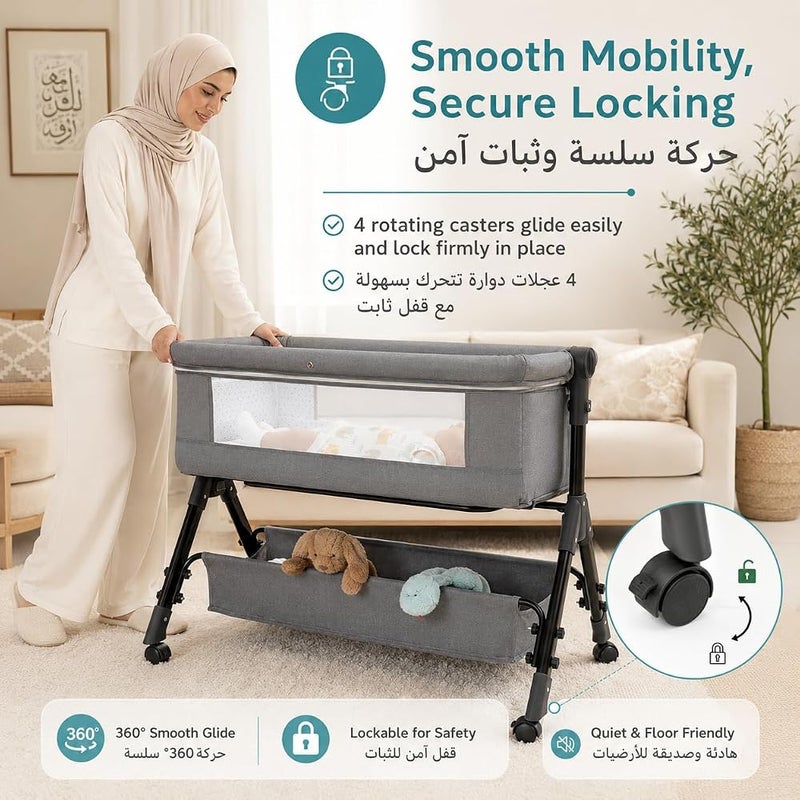 Bentifar Baby Bassinet Bedside Sleeper for Newborns, 4 in 1 Foldable Bedside Bassinet with Wheels, Mesh Canopy, Storage Basket, 3 Height Levels, Aluminum Alloy Frame - Image 2