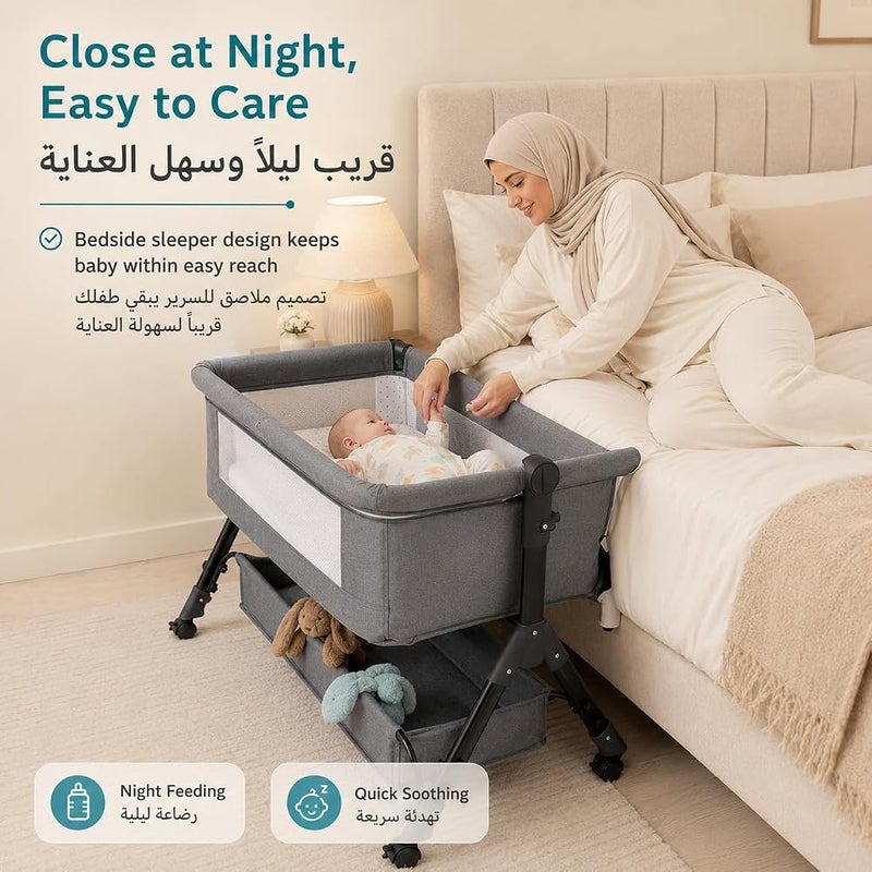 Bentifar Baby Bassinet Bedside Sleeper for Newborns, 4 in 1 Foldable Bedside Bassinet with Wheels, Mesh Canopy, Storage Basket, 3 Height Levels, Aluminum Alloy Frame - Image 3