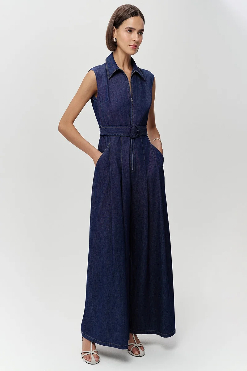 EXQUISE Sleeveless, Zip-Closure, Belted, Pocketed, Regular Blue Jumpsuit