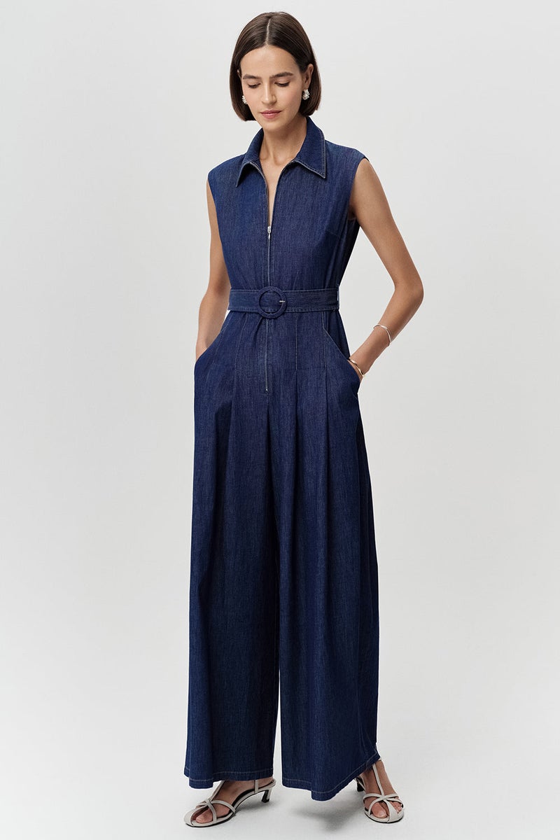 EXQUISE Sleeveless, Zip-Closure, Belted, Pocketed, Regular Blue Jumpsuit - Image 4