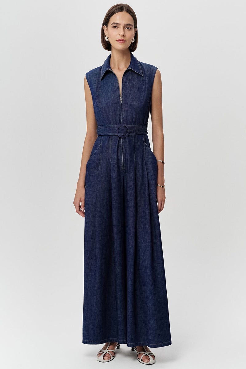 EXQUISE Sleeveless, Zip-Closure, Belted, Pocketed, Regular Blue Jumpsuit - Image 3