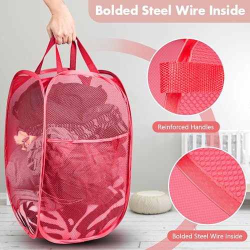 DUCOO Pop Up Laundry Hamper, 70L Collapsible Mesh Laundry Basket with Side Pocket, Foldable Dirty Clothes Hamper with Sturdy Reinforced Handles for Home Dorm Bedroom Travel Bathroom Storage, Red - Image 3