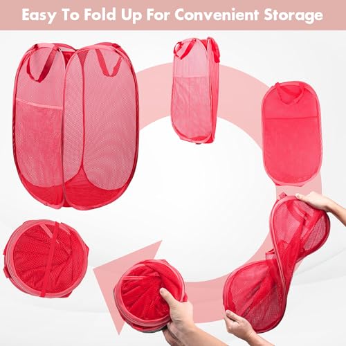 DUCOO Pop Up Laundry Hamper, 70L Collapsible Mesh Laundry Basket with Side Pocket, Foldable Dirty Clothes Hamper with Sturdy Reinforced Handles for Home Dorm Bedroom Travel Bathroom Storage, Red - Image 5