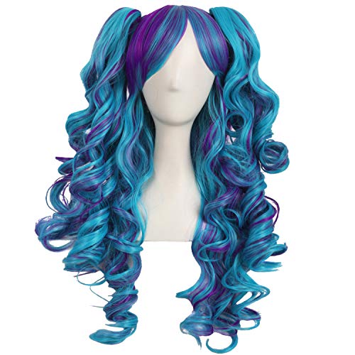 MapofBeauty Multicolor Lolita Long Curly Clip on Ponytails Cosplay Wig Dark PurpleCyan Blue - Image 1