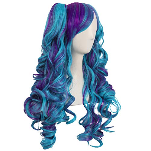 MapofBeauty Multicolor Lolita Long Curly Clip on Ponytails Cosplay Wig Dark PurpleCyan Blue - Image 3