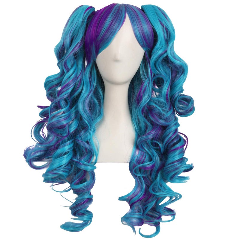 MapofBeauty Multicolor Lolita Long Curly Clip on Ponytails Cosplay Wig Dark PurpleCyan Blue - Image 2