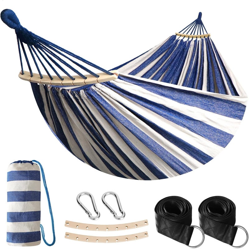 Anyoo Outdoor Cotton Hammock with Tree Straps, Comfortable Fabric Hammock with 40CM Curved Wooden bar, Portable Hammock with Compact Travel Bag, Perfect for Indoor Balcony Garden Patio Yard - Image 1