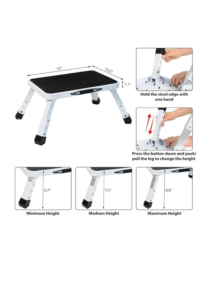 Folding Step Stool, Height-Adjustable Metal One Step Stool with Non-Slip Platform, 3 Levels RV Step Ladder for Kids and Adults, Portable Foot Stool Max Load 330 lbs(White) - Image 3
