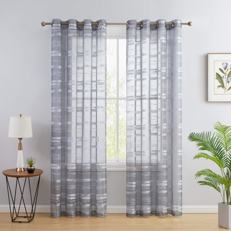 HLCME Broadway Stripe Decorative Sheer Light Filtering Grommet Window Treatment Curtain Drapery Panels for Bedroom  Living Room  Set of 2 Panels 54 x 84 inches Long SilverLight Grey