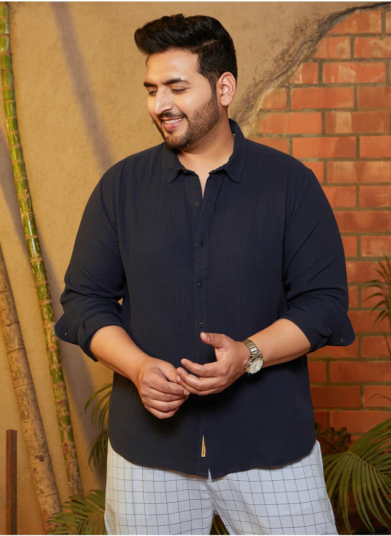 انستافاب بلس Instafab Plus Men's Prussian Blue Breezy-Weave Shirt For Casual Wear | Spread Collar | Long Cuffed Sleeves | Button Closure | Plus Size Shirt Crafted With Comfort Fit For Everyday Wear