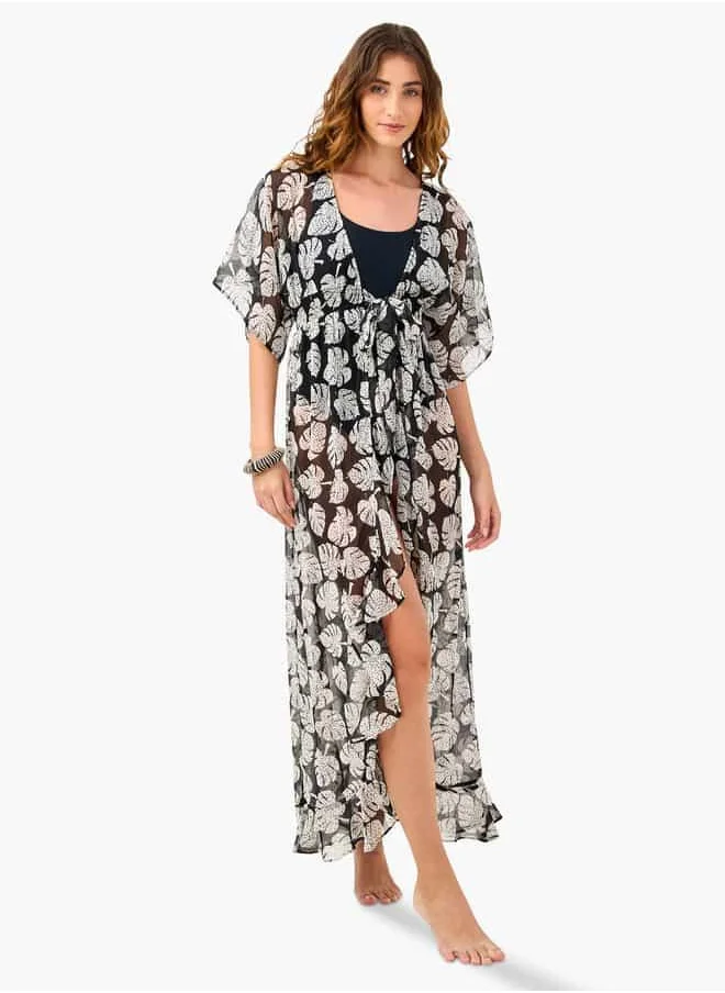 فاف All-Over Print Cover-Up with Tie-Ups and Shirred Detail