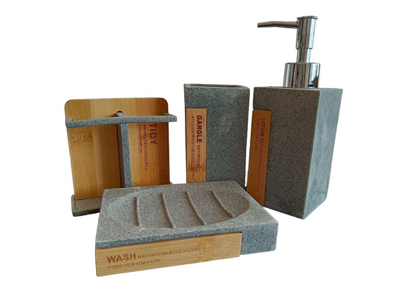 LIPSA ENTERPRISE LIPSA ENTERPRISE Bathroom Accessories Set 4 Pcs Bathroom Accessory Gift Soap Dispenser and Toothbrush Holder Set Soap Dish Toothbrush Cup Modern Bathroom Decor Gray  - Image 1