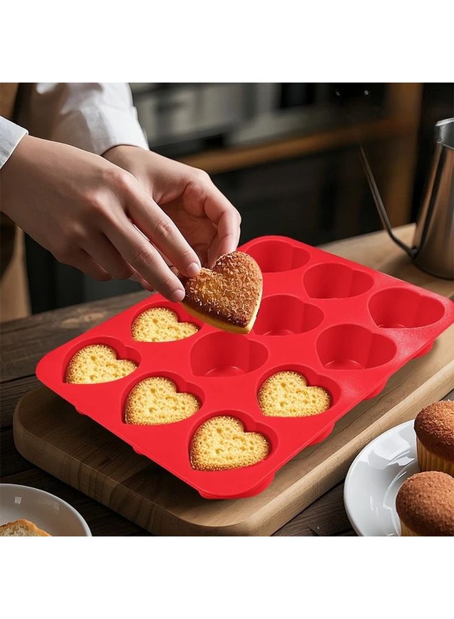 Red Heart Shaped Silicone Cake Mold 12 Cavity Non Stick Baking Brownies Cupcakes - Image 1