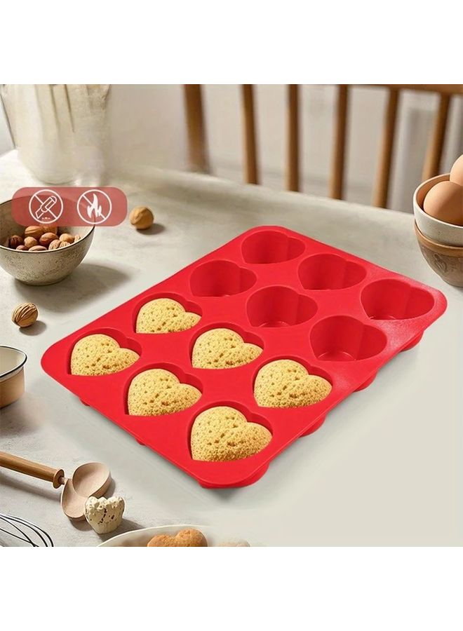 Red Heart Shaped Silicone Cake Mold 12 Cavity Non Stick Baking Brownies Cupcakes - Image 2