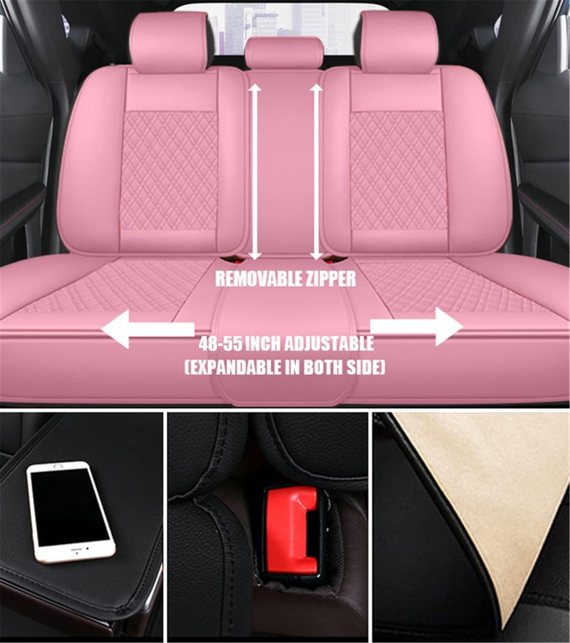 SanQing Car Seat Covers Full Set, Super Luxurious Heavy Duty Waterproof Leather Automotive Vehicle Cover for Cars SUV Pick-up Truck, Universal Non-Slip Seat Car Accessories (Full Set/Pink) - Image 3