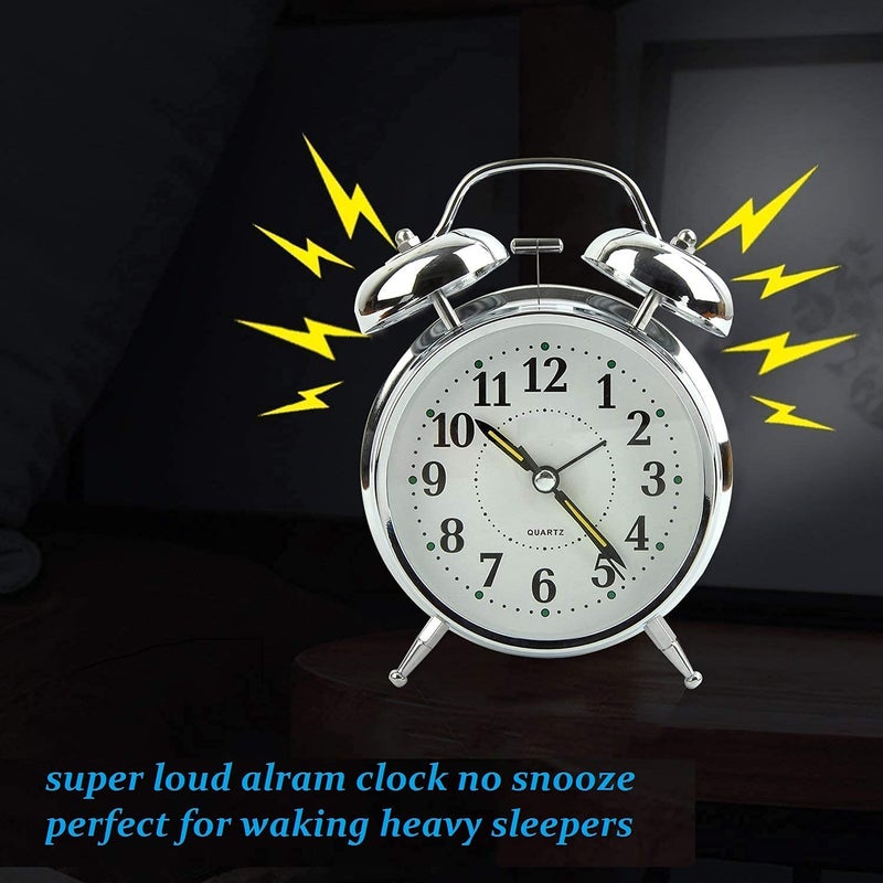 CLEMATIS CLEMATIS Vintage Twin Bell Table Top Alarm Clock with Night LED Light Display Silver Alarm Clock for Bedroom Heavy Sleepers Kids and Students - Image 2