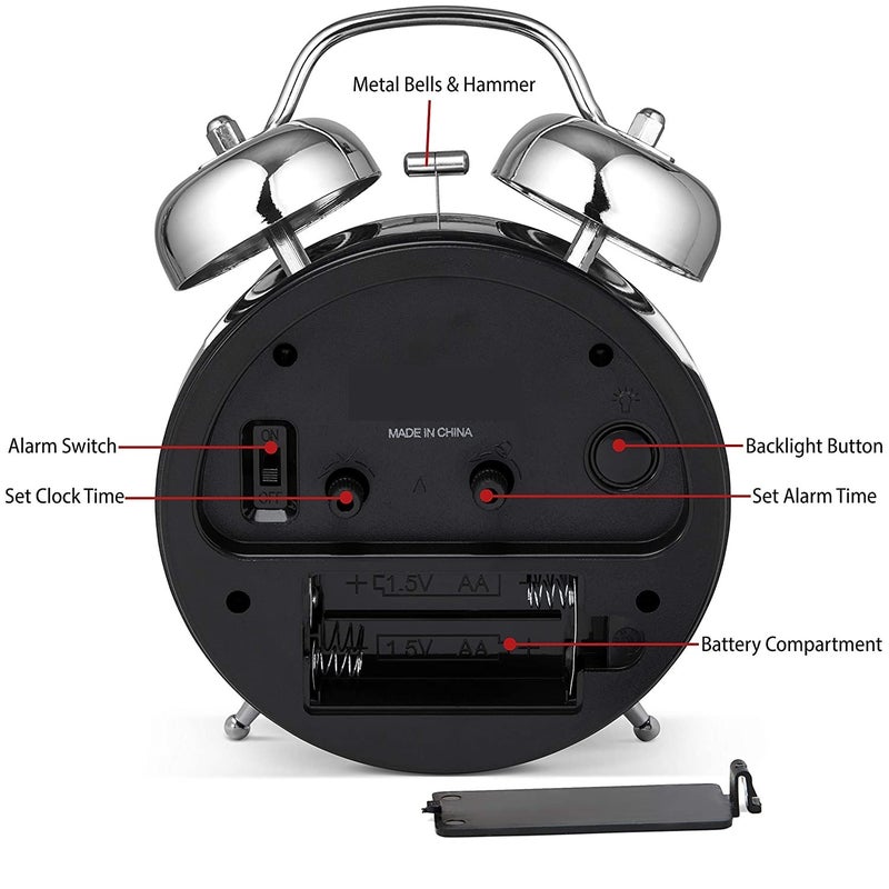 CLEMATIS CLEMATIS Vintage Twin Bell Table Top Alarm Clock with Night LED Light Display Silver Alarm Clock for Bedroom Heavy Sleepers Kids and Students - Image 4