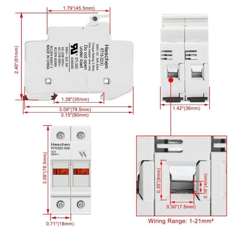 Heschen Cylindrical Fuse Holder Base RT18-32(X) 32A AC690V DIN Rail Mounting for RT18 RO15 10 x 38mm Fuse CE Listed (2P) - Image 2