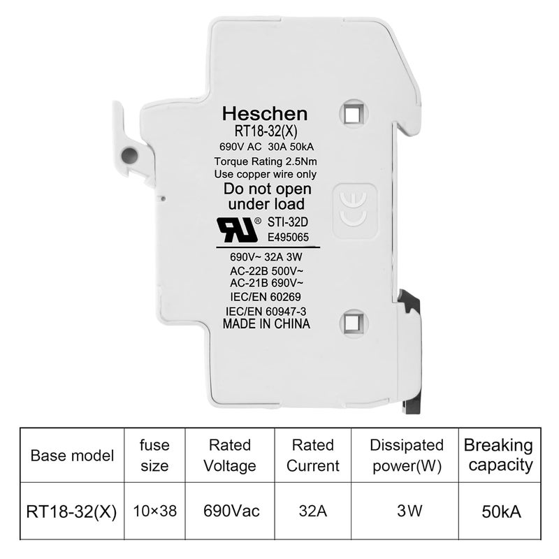 Heschen Cylindrical Fuse Holder Base RT18-32(X) 32A AC690V DIN Rail Mounting for RT18 RO15 10 x 38mm Fuse CE Listed (2P) - Image 4