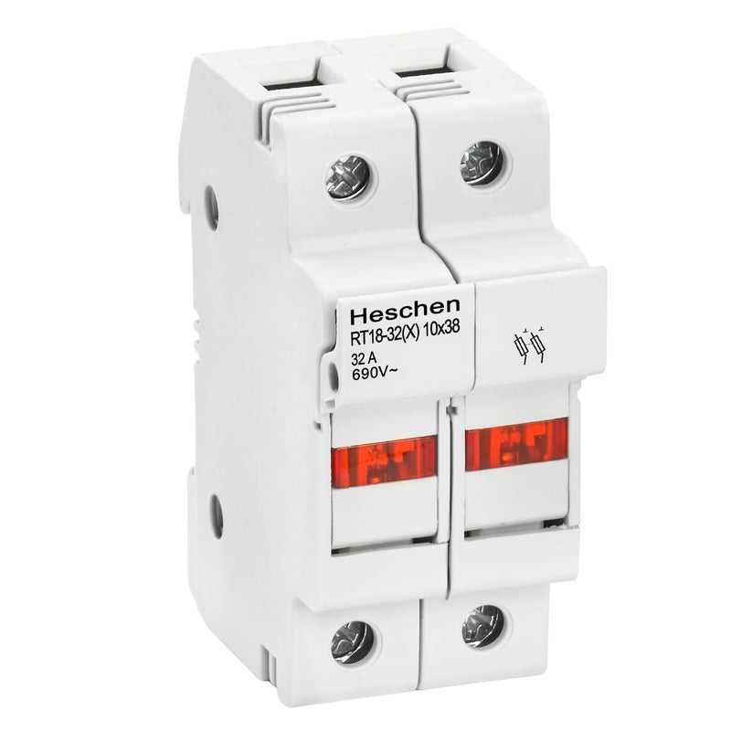 Heschen Cylindrical Fuse Holder Base RT18-32(X) 32A AC690V DIN Rail Mounting for RT18 RO15 10 x 38mm Fuse CE Listed (2P) - Image 1