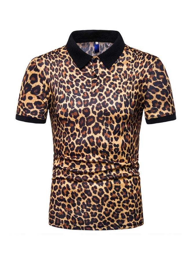 NIBEMINENT Leopard Printed Short Sleeve Elastic Casual Slim Pullover Tops Yellow  - Image 1