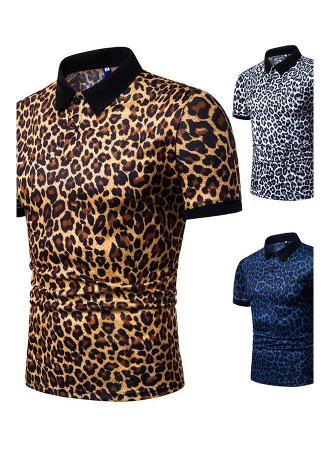 NIBEMINENT Leopard Printed Short Sleeve Elastic Casual Slim Pullover Tops Yellow  - Image 5