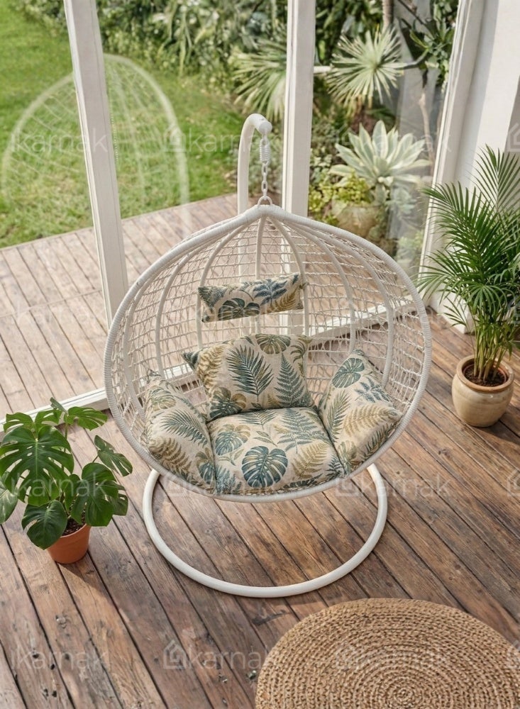 KARNAK Strandmon Hanging Chair White & Brown with Rattan Wicker & Iron Stand - Image 2