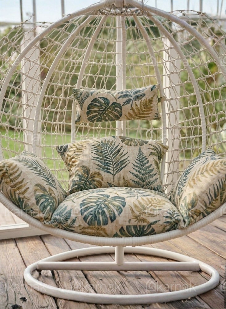 KARNAK Strandmon Hanging Chair White & Brown with Rattan Wicker & Iron Stand - Image 3