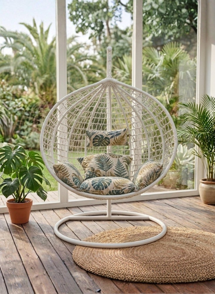 KARNAK Strandmon Hanging Chair White & Brown with Rattan Wicker & Iron Stand - Image 1