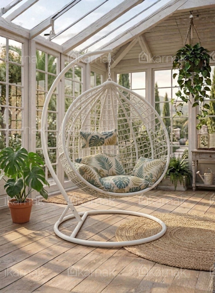 KARNAK Strandmon Hanging Chair White & Brown with Rattan Wicker & Iron Stand - Image 4