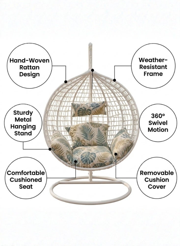 KARNAK Strandmon Hanging Chair White & Brown with Rattan Wicker & Iron Stand - Image 5