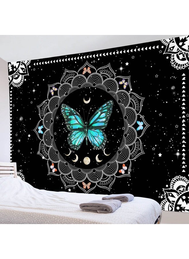 LB Butterfly Wall Tapestry Trippy Teal Butterfly Tapestries Black And White Bohemian Mandala Wall Hanging Vintage Moon Phase Aesthetic Tapestry For Bedroom Living Room Decor Home Decor 60X40 Inches  - Image 1