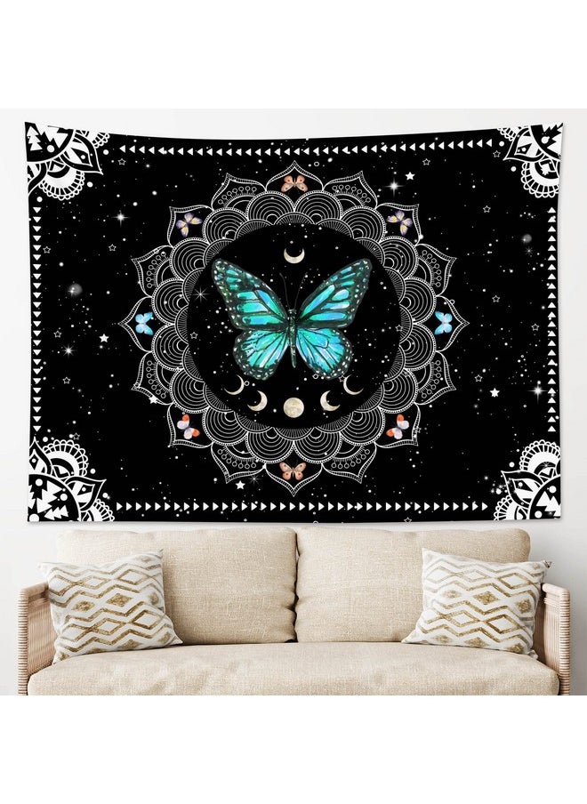 LB Butterfly Wall Tapestry Trippy Teal Butterfly Tapestries Black And White Bohemian Mandala Wall Hanging Vintage Moon Phase Aesthetic Tapestry For Bedroom Living Room Decor Home Decor 60X40 Inches  - Image 3