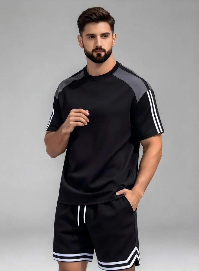 Take Two Active Men Relaxed Fit Black Short Sleeve T-Shirt and Striped Shorts Set