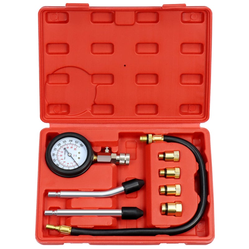 JoyFans 0300 PSI Compression Tester Automotive Tool Petrol Gas Engine Cylinder Pressure Test Kit with Gauge Adapter M10 M12 M14 M18 for Small Engine Cars Motorcycles Trucks SUVs Red