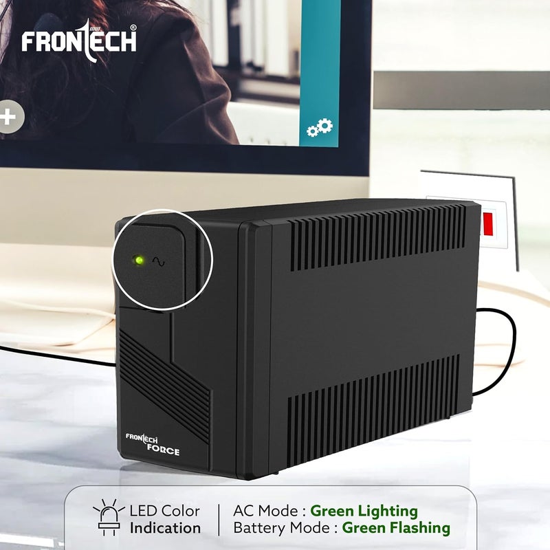 FRONTECH محول الطاقة الثابت UPS - 600VA/360W | بطارية حمض الرصاص 12V/7Ah، بطارية خالية من الصيانة، مؤشر LED، احتياطي الطاقة وحماية لجهاز الكمبيوتر المكتبي والمنزل/المكتب (2569 - أسود) - Image 5