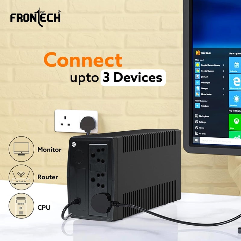 FRONTECH محول الطاقة الثابت UPS - 600VA/360W | بطارية حمض الرصاص 12V/7Ah، بطارية خالية من الصيانة، مؤشر LED، احتياطي الطاقة وحماية لجهاز الكمبيوتر المكتبي والمنزل/المكتب (2569 - أسود) - Image 4