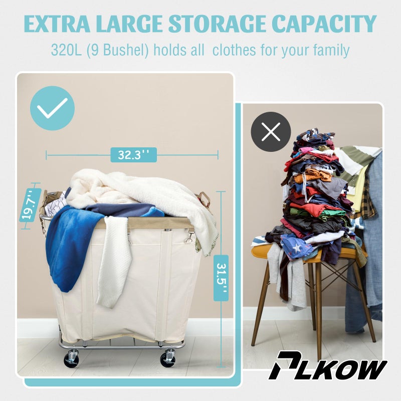 PLKOW Laundry Cart with Wheels 320L Large Rolling Laundry Cart for Commercial/Home, Rolling Laundry Basket with Steel Frame and Waterproof Lining, 9 Bushel, 32.3L x 19.7W x 30.7H Inch, Beige - Image 2