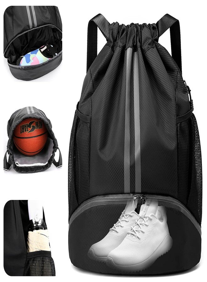 dulvus Black Drawstring Gym Bag, Waterproof Drawstring Backpack with Side Mesh Pockets, Sport Bag with Shoes Compartment for Women Men - Image 1