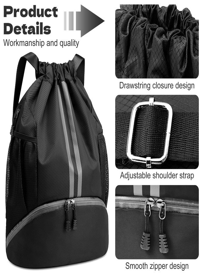 dulvus Black Drawstring Gym Bag, Waterproof Drawstring Backpack with Side Mesh Pockets, Sport Bag with Shoes Compartment for Women Men - Image 5