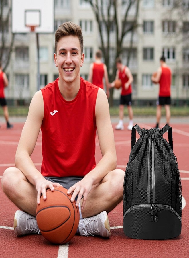 dulvus Black Drawstring Gym Bag, Waterproof Drawstring Backpack with Side Mesh Pockets, Sport Bag with Shoes Compartment for Women Men - Image 2