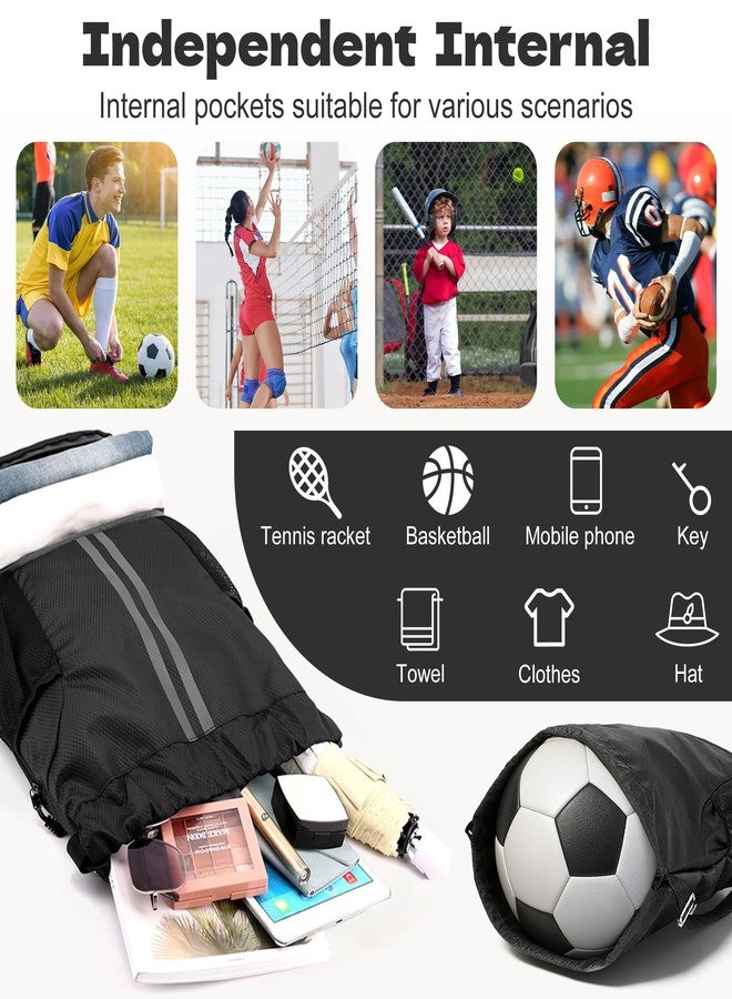 dulvus Black Drawstring Gym Bag, Waterproof Drawstring Backpack with Side Mesh Pockets, Sport Bag with Shoes Compartment for Women Men - Image 4