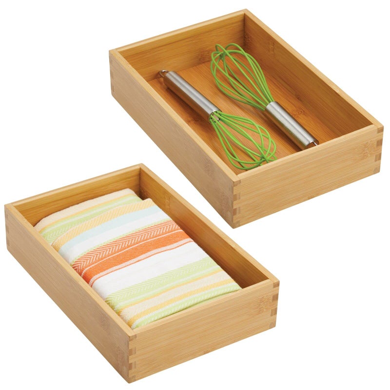 mDesign Bamboo Kitchen Cabinet Drawer Organizer Tray Bin - Eco-Friendly, Multipurpose - Use in Drawers, on Countertops, Shelves or in Pantry - 6.9 x 10.4-2 Pack - Natural Wood Finish - Image 1