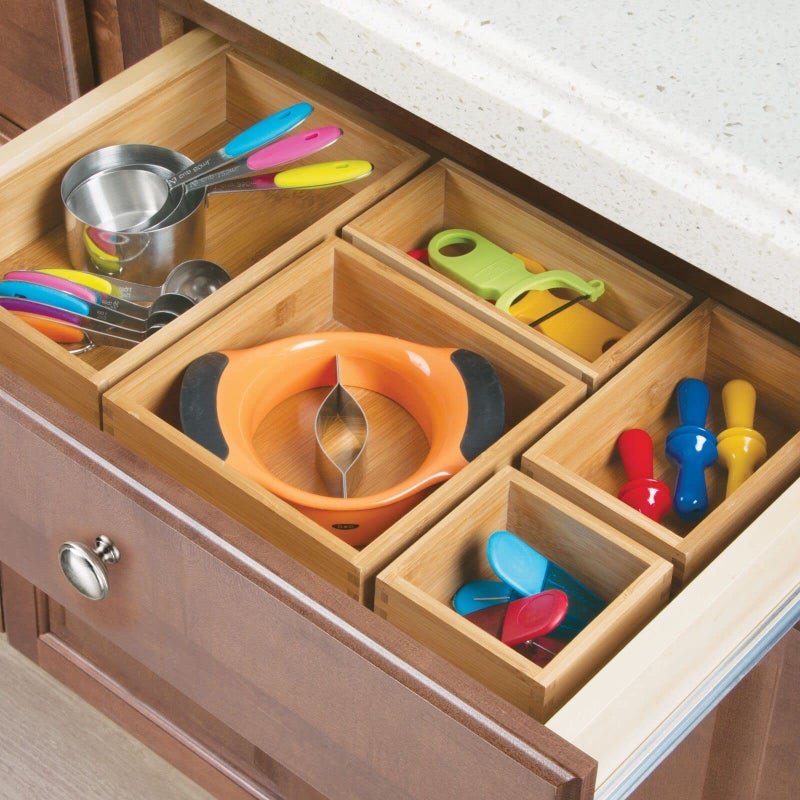 mDesign Bamboo Kitchen Cabinet Drawer Organizer Tray Bin - Eco-Friendly, Multipurpose - Use in Drawers, on Countertops, Shelves or in Pantry - 6.9 x 10.4-2 Pack - Natural Wood Finish - Image 3