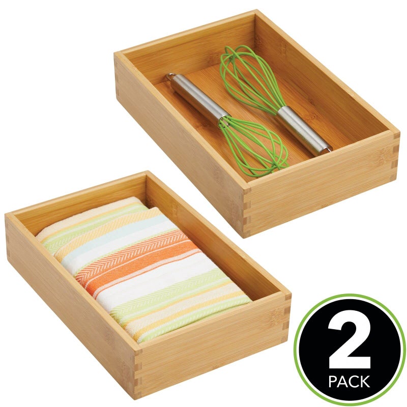 mDesign Bamboo Kitchen Cabinet Drawer Organizer Tray Bin - Eco-Friendly, Multipurpose - Use in Drawers, on Countertops, Shelves or in Pantry - 6.9 x 10.4-2 Pack - Natural Wood Finish - Image 2