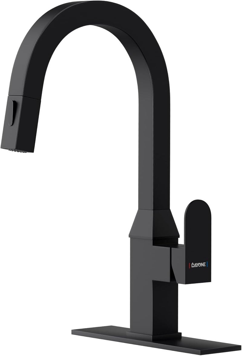 DAYONE Black Square Kitchen Faucet – Modern Pull-Down Sprayer with 2-Mode Kitchen Sink Faucet Matte Black, 360° Swivel Fits Bar/RV Sinks, SUS 304 Stainless Steel with Square Deck Plate - Image 1