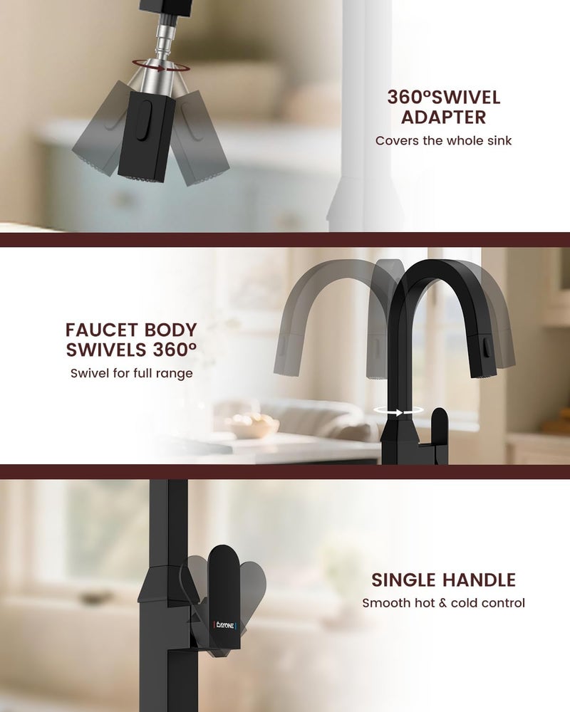 DAYONE Black Square Kitchen Faucet – Modern Pull-Down Sprayer with 2-Mode Kitchen Sink Faucet Matte Black, 360° Swivel Fits Bar/RV Sinks, SUS 304 Stainless Steel with Square Deck Plate - Image 5
