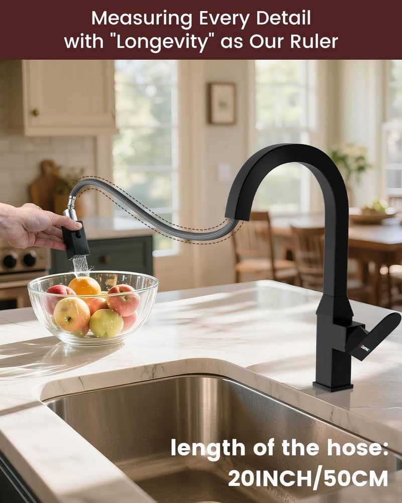 DAYONE Black Square Kitchen Faucet – Modern Pull-Down Sprayer with 2-Mode Kitchen Sink Faucet Matte Black, 360° Swivel Fits Bar/RV Sinks, SUS 304 Stainless Steel with Square Deck Plate - Image 4