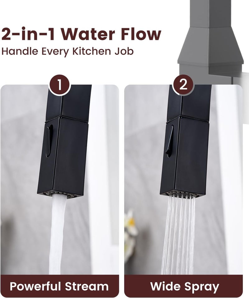 DAYONE Black Square Kitchen Faucet – Modern Pull-Down Sprayer with 2-Mode Kitchen Sink Faucet Matte Black, 360° Swivel Fits Bar/RV Sinks, SUS 304 Stainless Steel with Square Deck Plate - Image 3