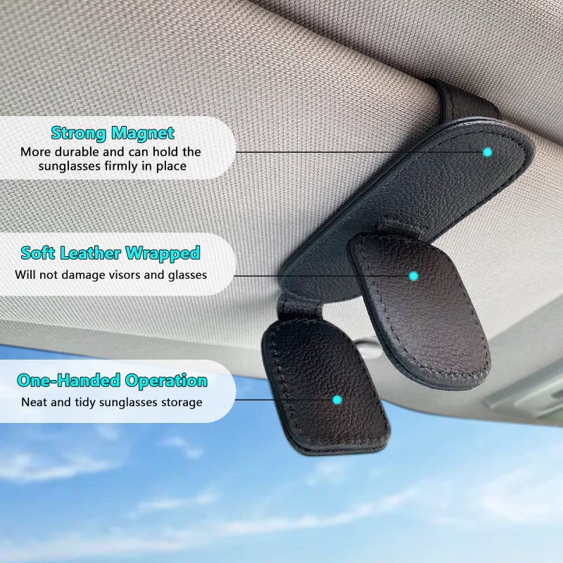 Visonx Sunglass Holder for Car Visor Clip, Magnetic Leather Eyeglass Hanger Clip for Car, Square Car Visor Accessories (Black) - Image 3